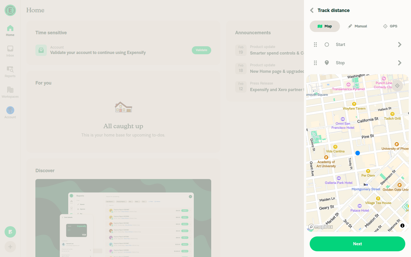 Track distance page with Start/Stop and Next button