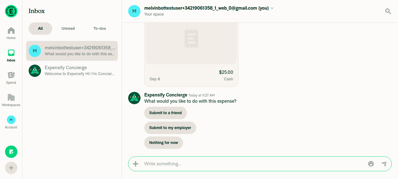 Whisper with 'Submit to my employer' button after tracking $25 expense