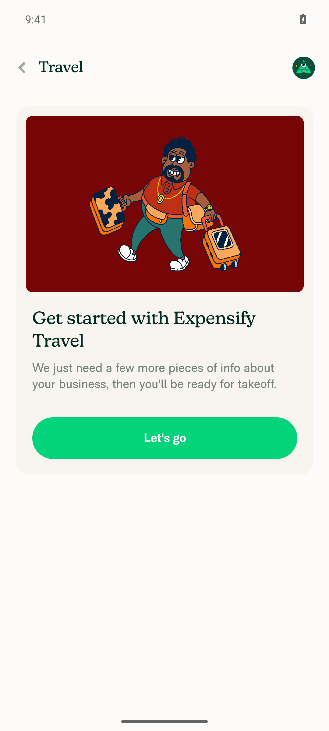 Workspace Travel setup intro screen with Book travel button