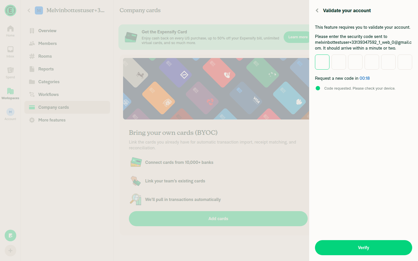 Validate your account magic-code screen blocking the Add cards flow