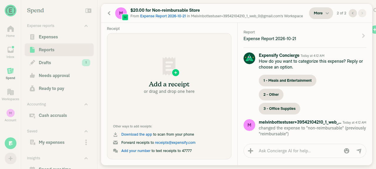 Non-reimbursable expense in a multi-expense report