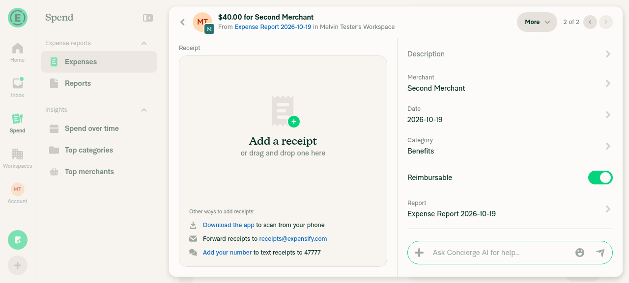 Reimbursable expense in a multi-expense report