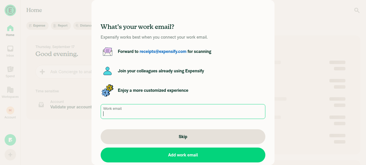 Signed-in Home screen with LHN (Home, Inbox, Spend, Workspaces, Account) visible behind a work-email upsell modal