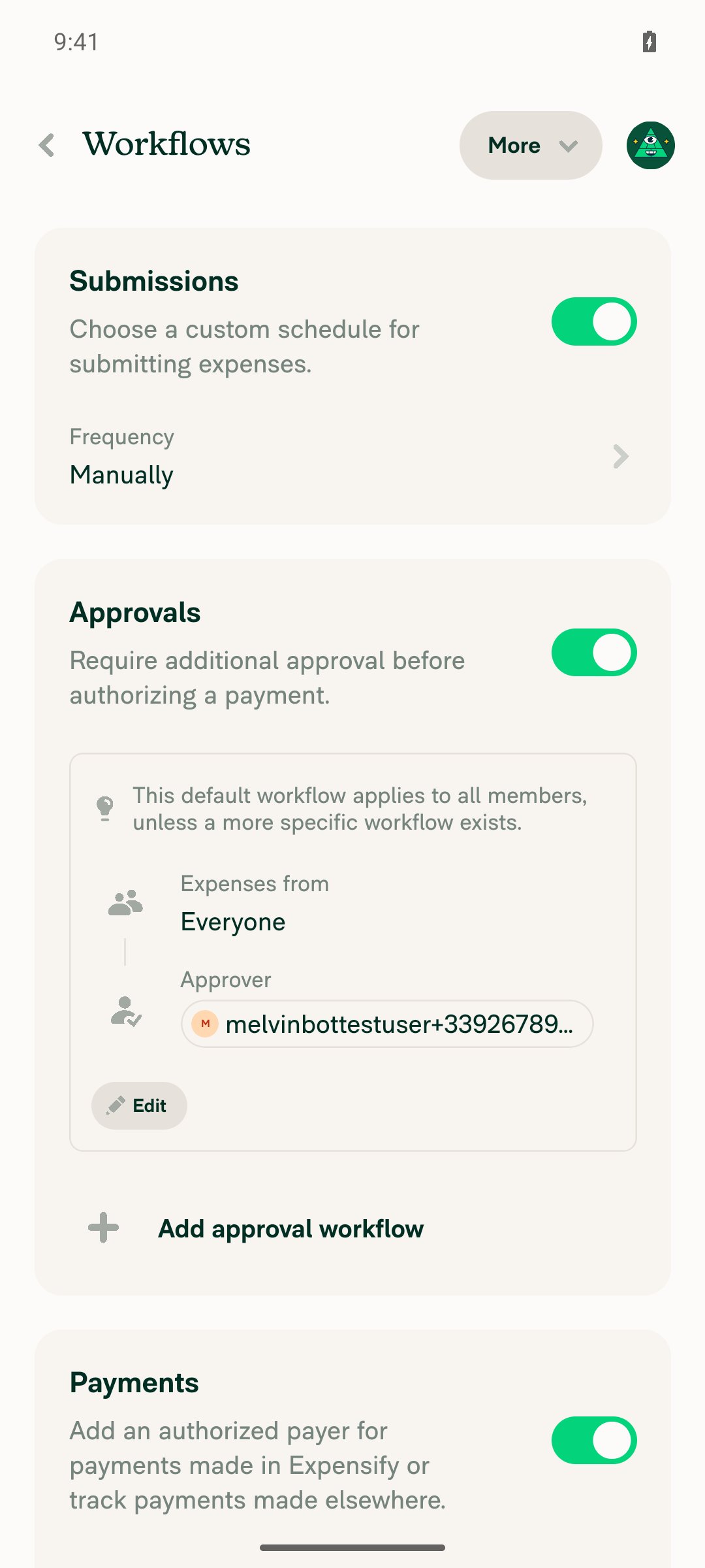 Workspace Workflows Approvals tab
