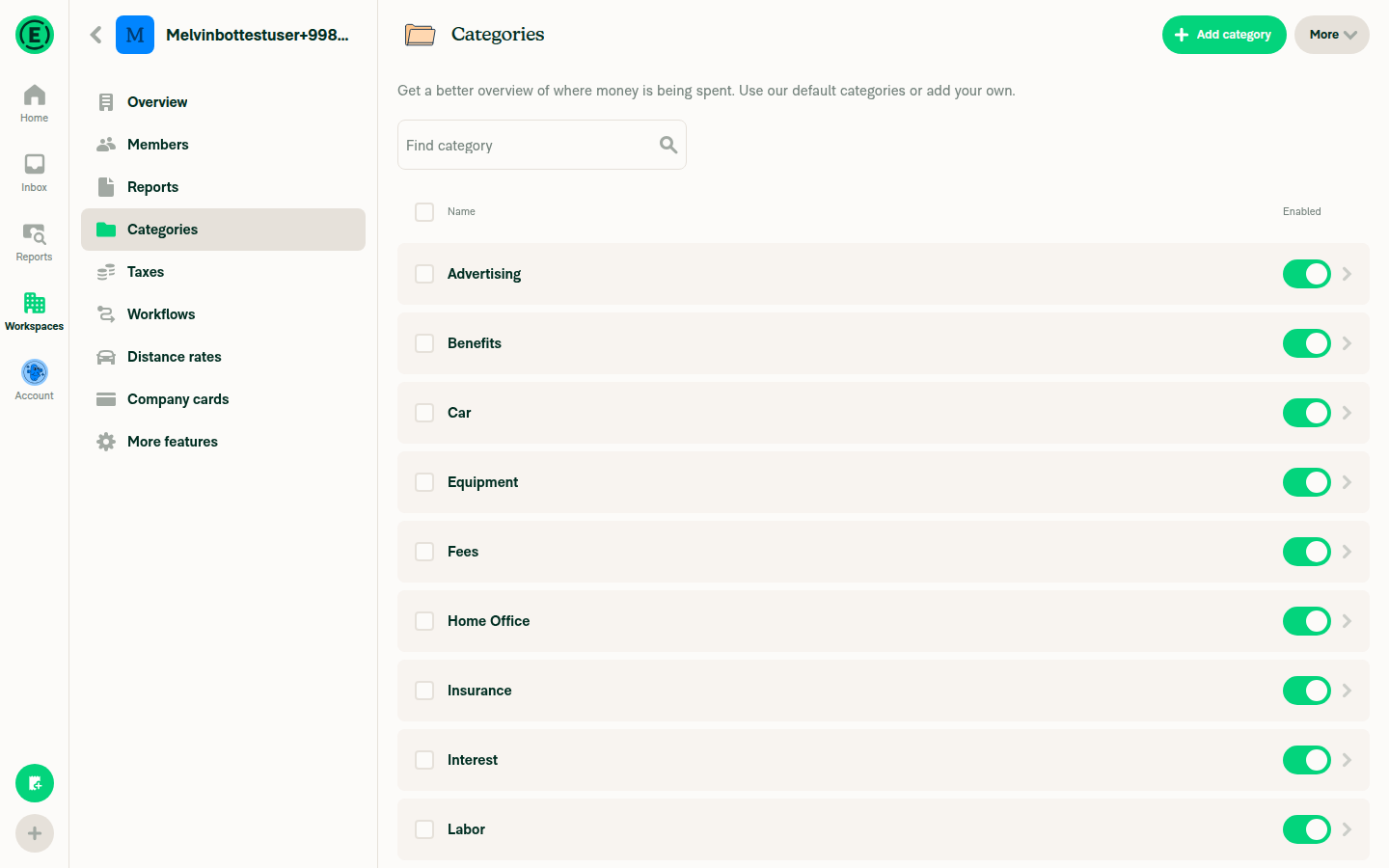 Categories page with all toggles enabled