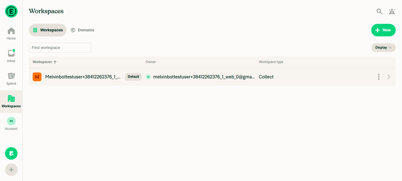 Workspaces list showing test account as Owner