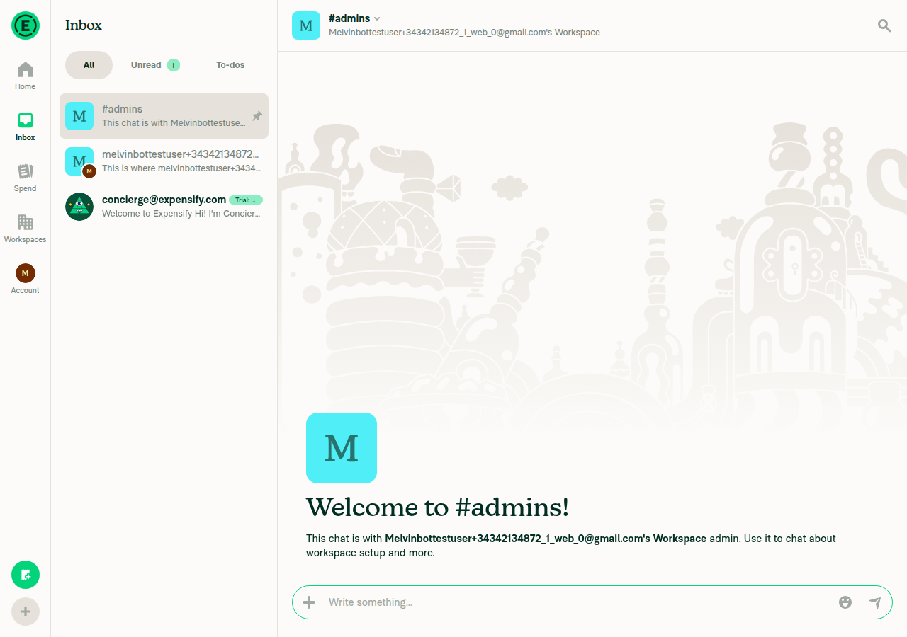 #admins room for first workspace shown pinned (thumbtack icon) in LHN