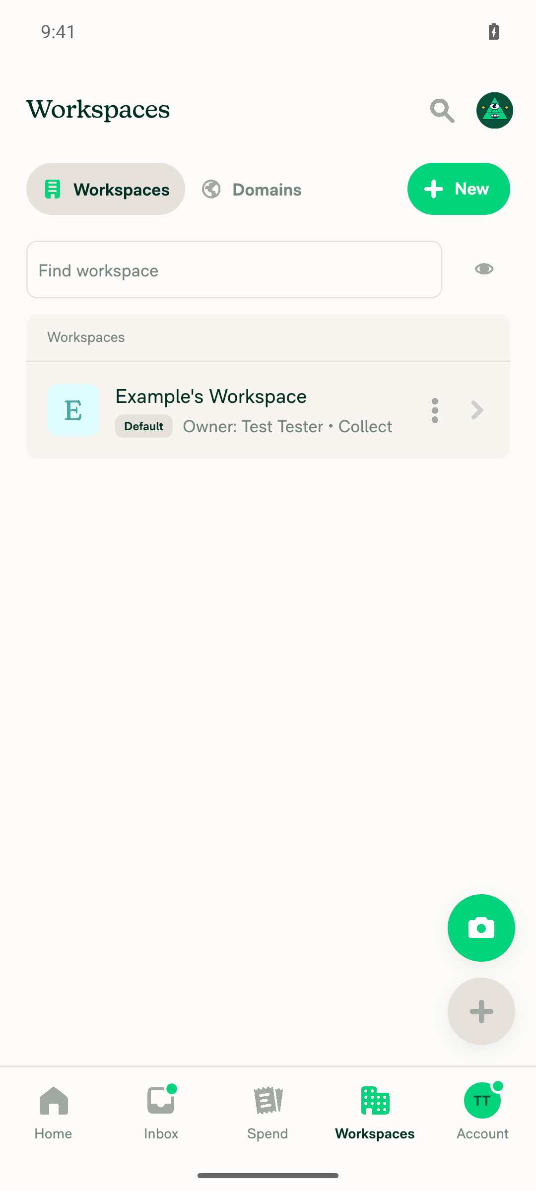 Workspaces list showing a single workspace, Example's Workspace