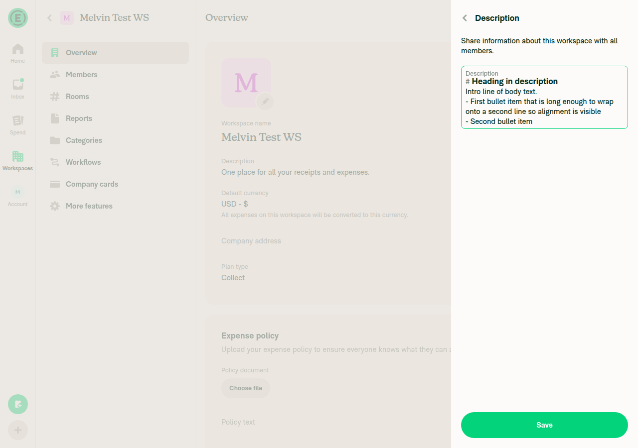 Live-markdown Description input: heading drawn bold at the larger pageHeader size