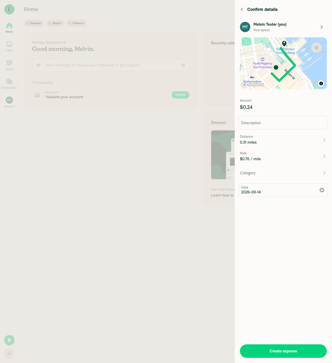 Confirm details screen showing Distance 0.31 miles and Rate $0.76/mile rows