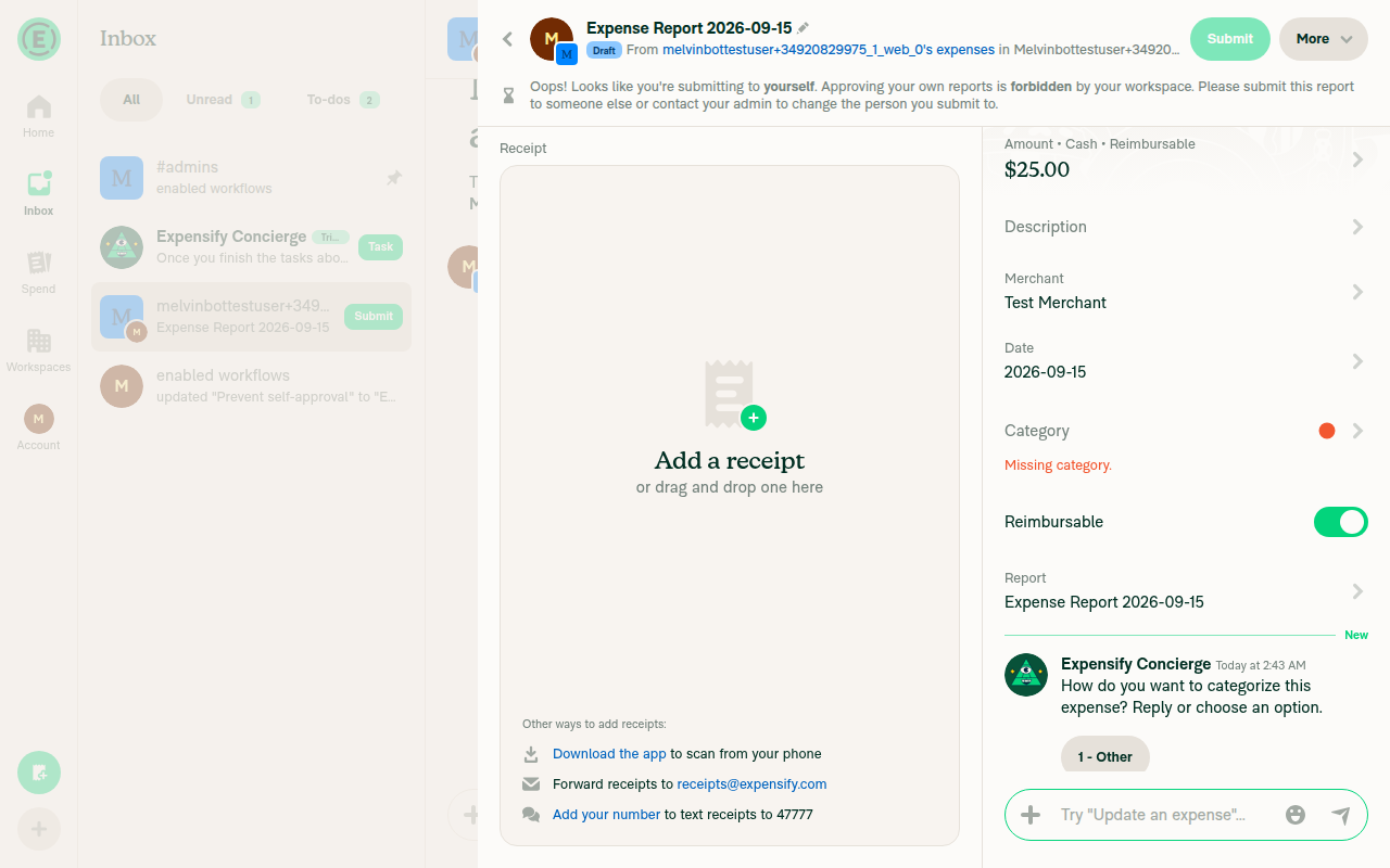 Report opened showing disabled Submit and self-approval warning banner