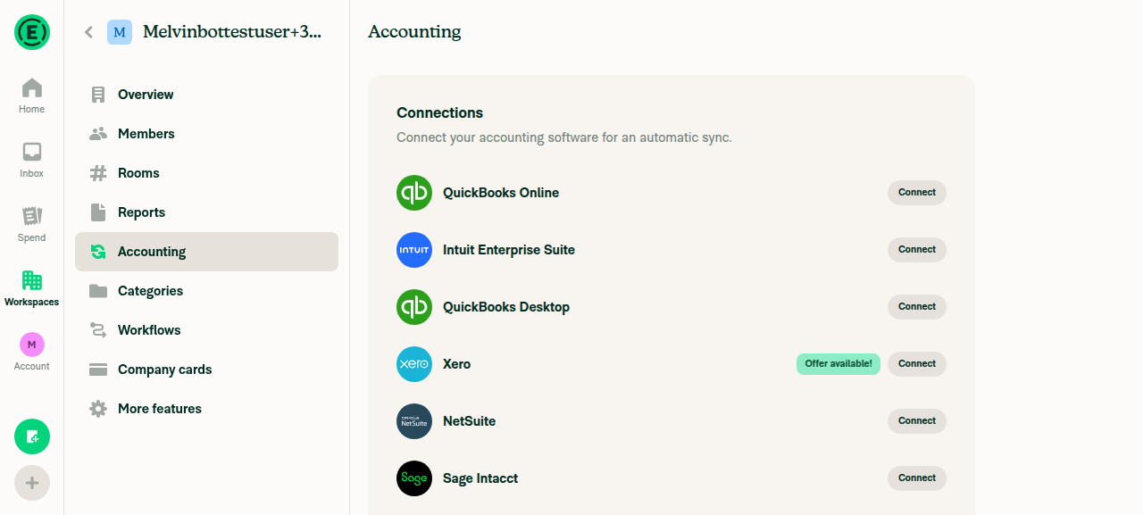 Workspace > Accounting > Connections list showing Connect buttons for QuickBooks Online, Xero, Sage Intacct — furthest point reached