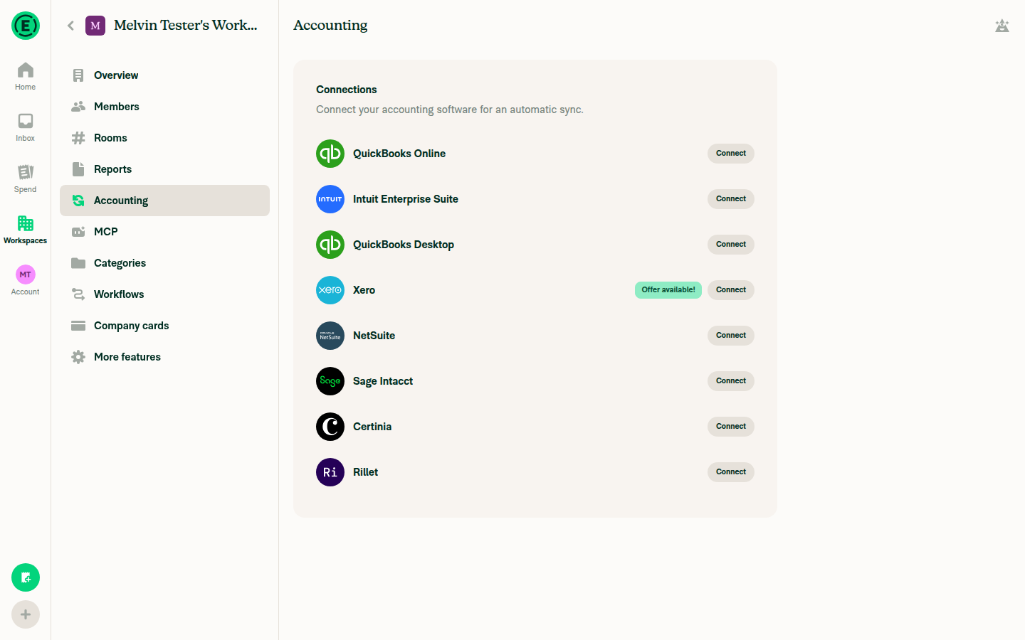 Workspace Settings Accounting page with the connections list including NetSuite