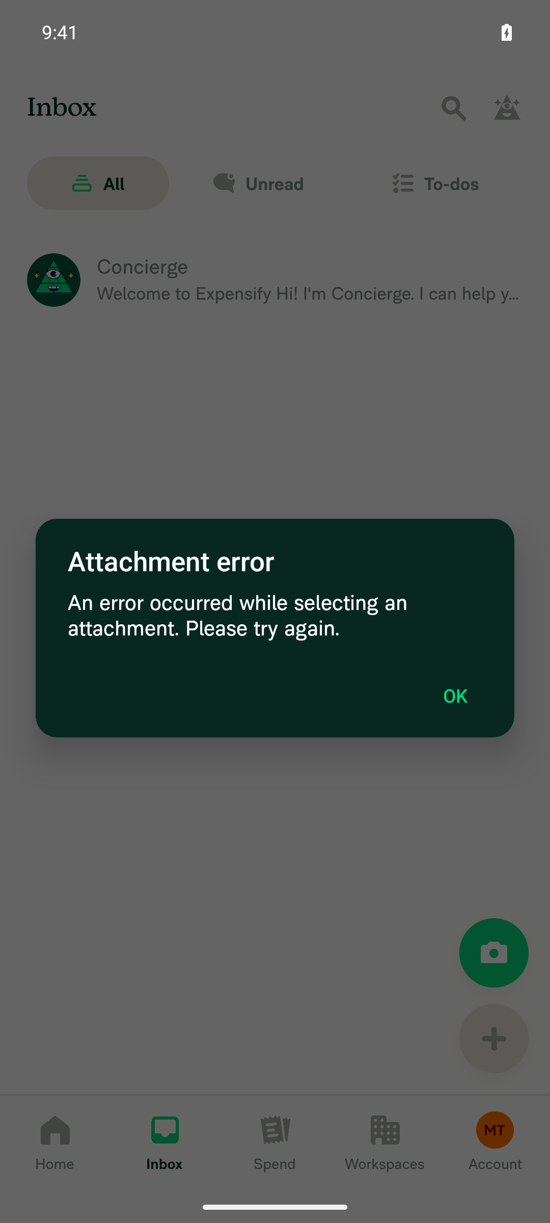 Attachment error dialog after onboarding completes