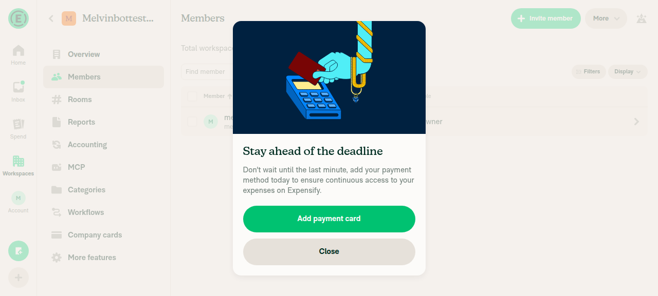 Add payment card modal blocking the Members page