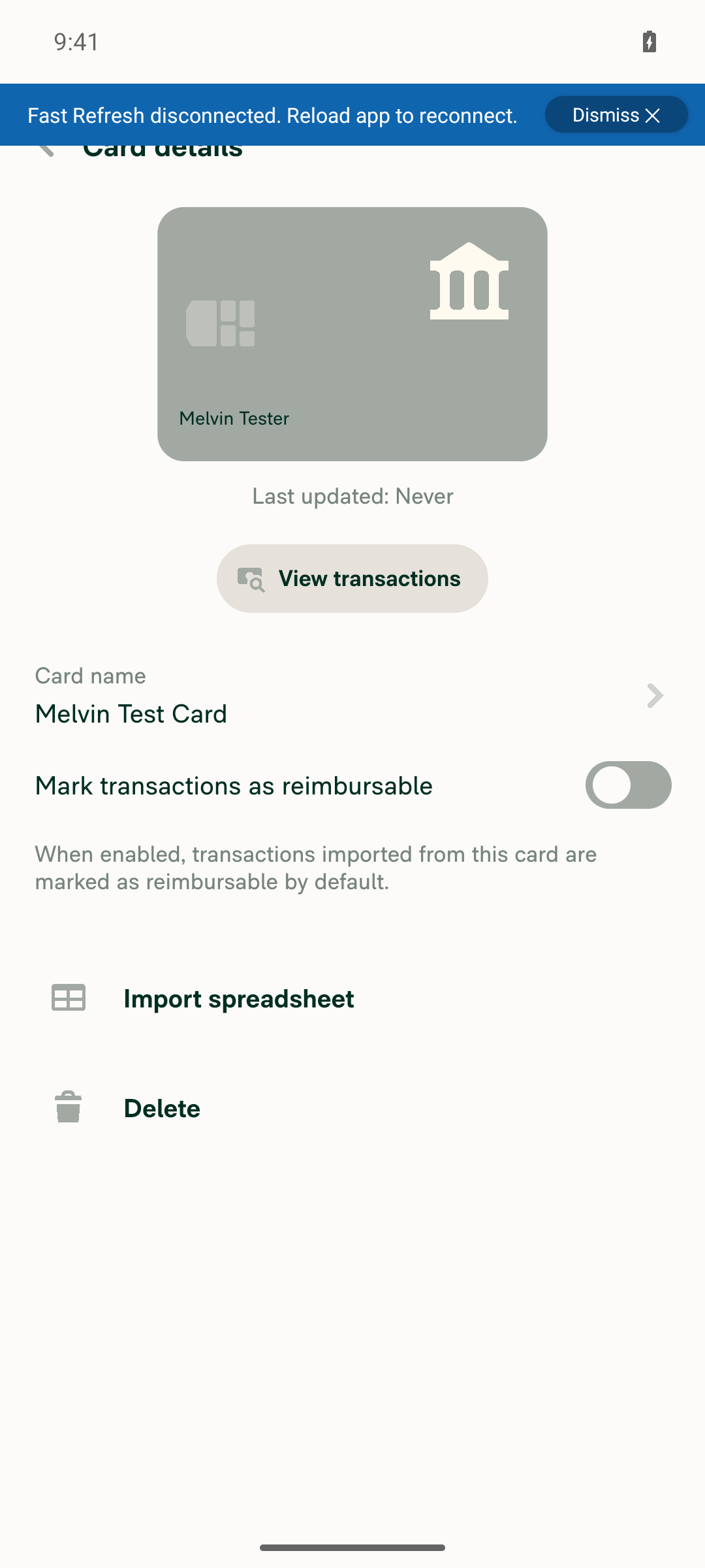 Card details RHP immediately after import showing Mark transactions as reimbursable OFF