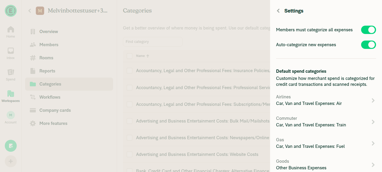 Categories Settings page with Auto-categorize new expenses toggle (on)