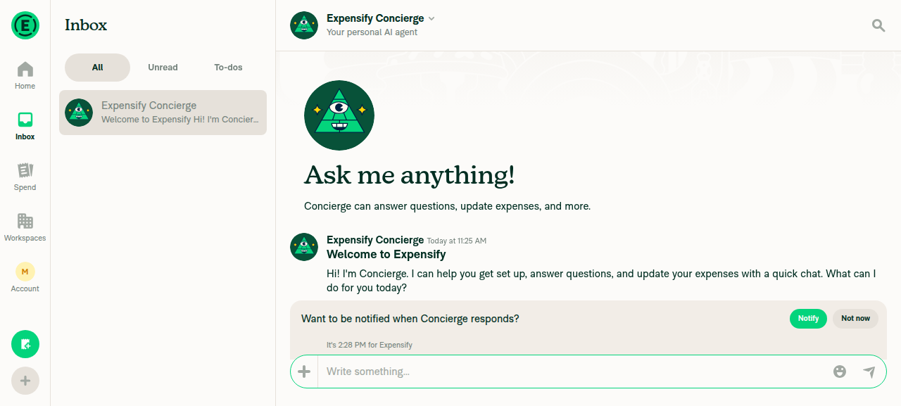 Concierge chat open — header reads Expensify Concierge