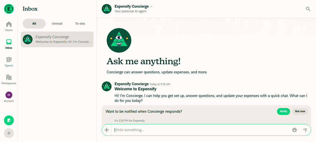 Concierge chat open with header showing Concierge
