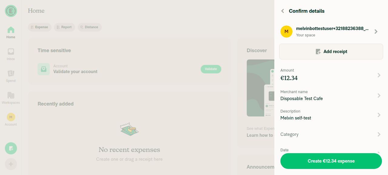 Confirm Details screen with Amount 12.34, Merchant name Disposable Test Cafe, Description Melvin self-test
