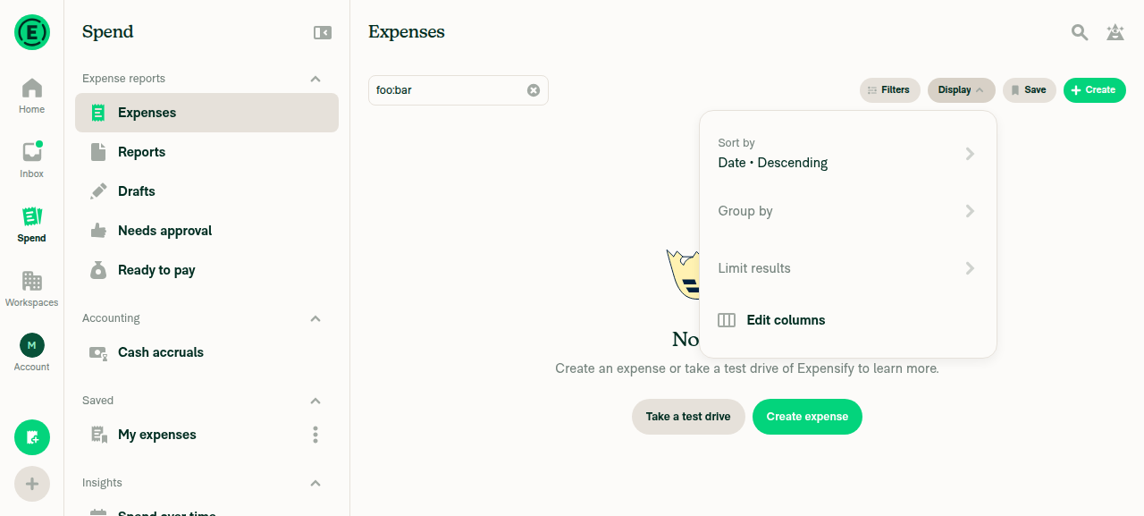Spend tab active with the Display menu open showing Edit columns