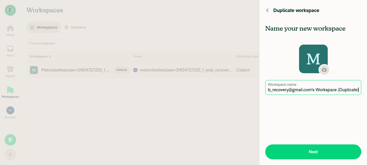 Duplicate workspace page with Back button