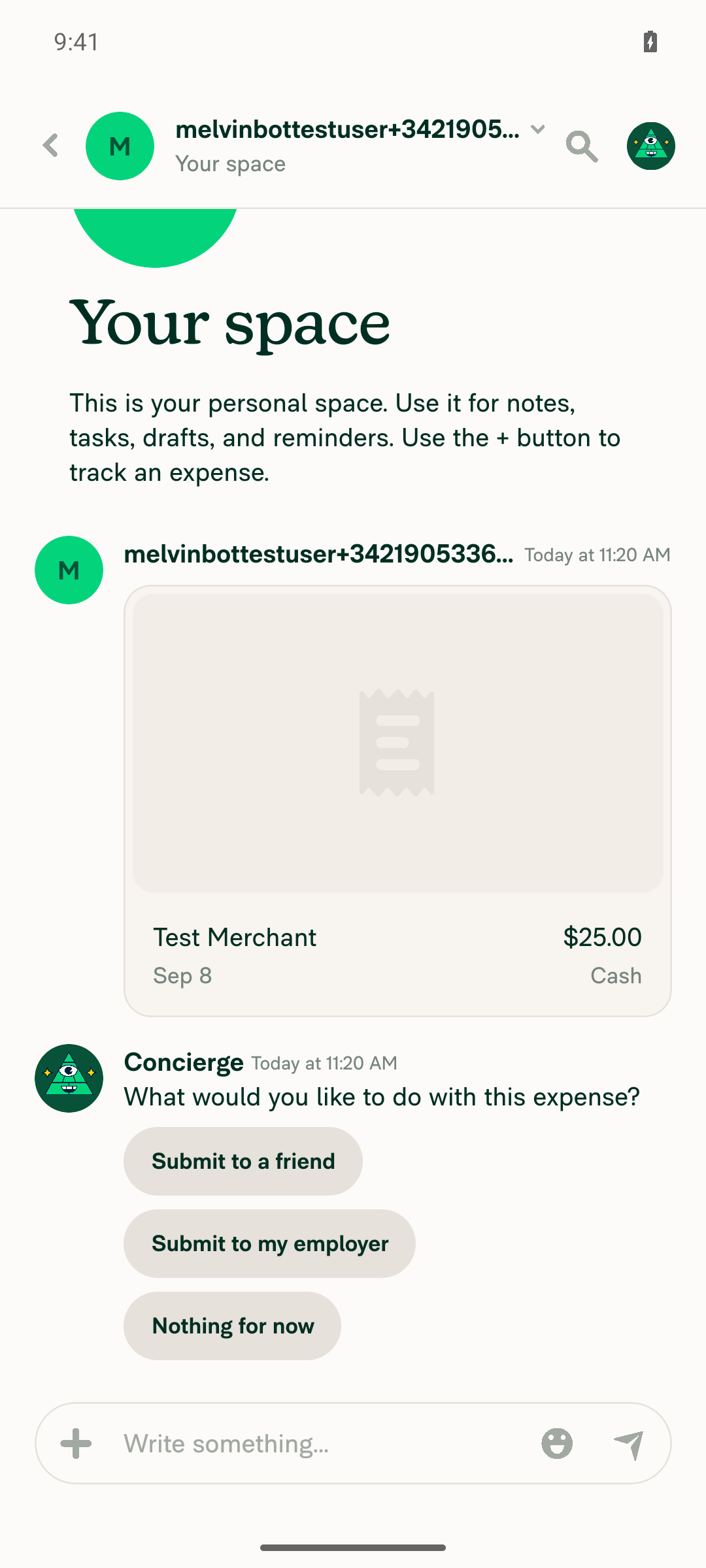 Self-DM whisper with 'Submit to my employer' button after expense creation