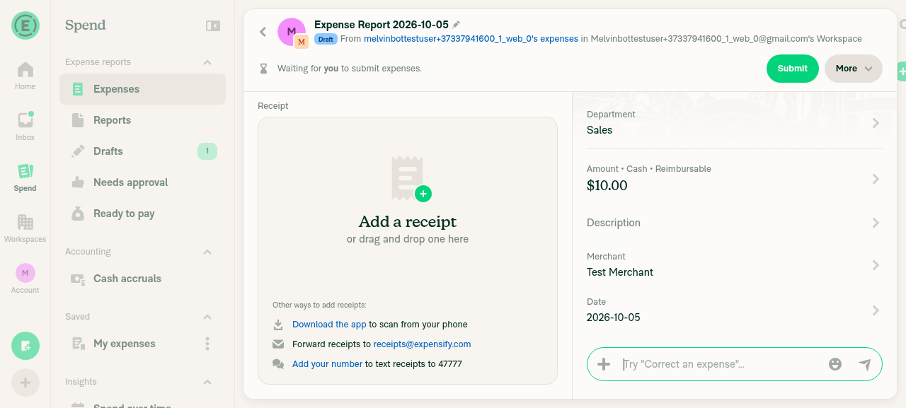 Expense report created with 10 dollar expense
