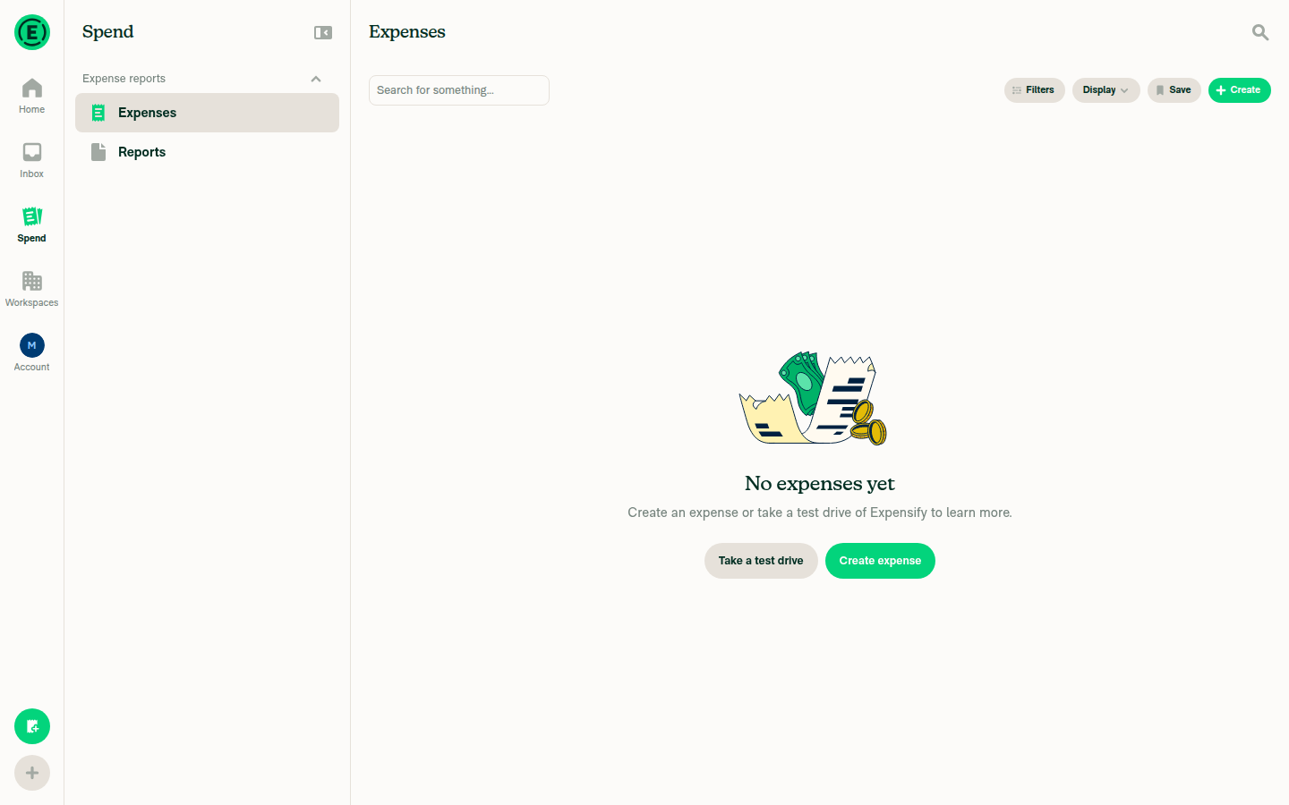 Spend > Expenses page with 'No expenses yet' empty state, no rows to select