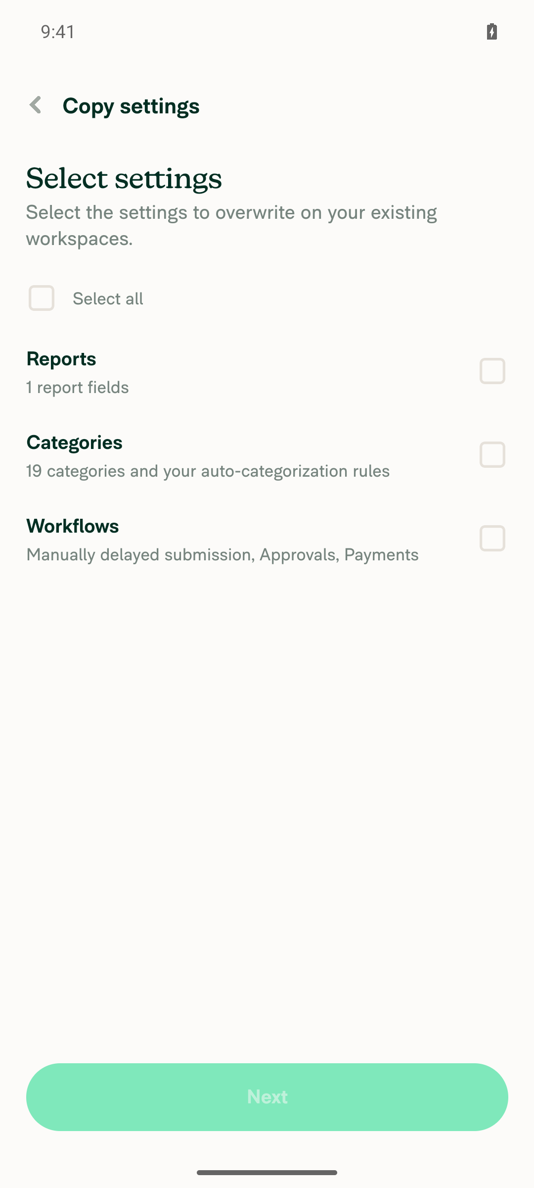 Select settings screen with Reports/Categories/Workflows