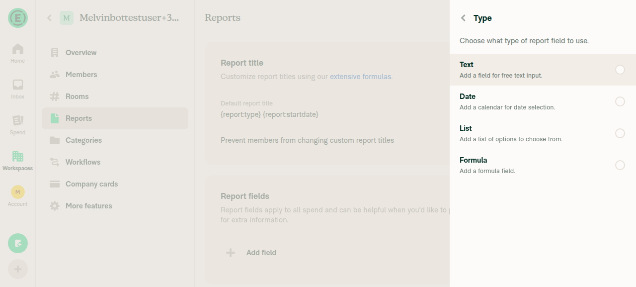 Type selector listing Text, Date, List, Formula