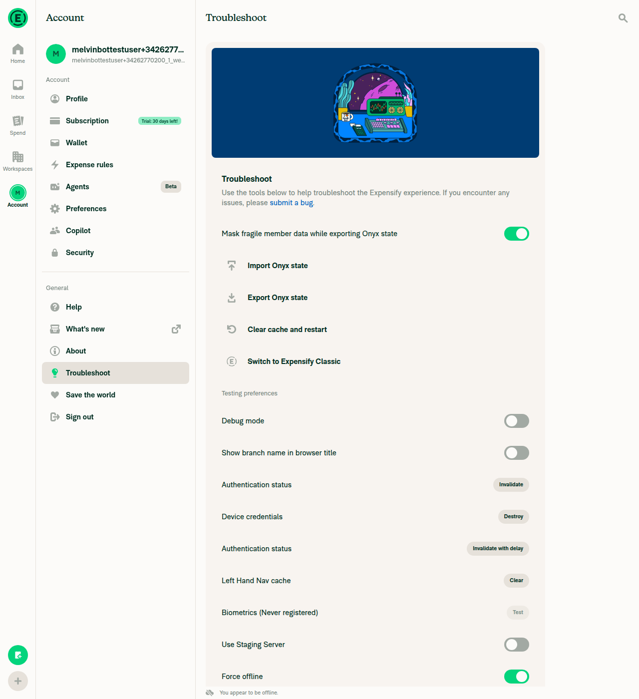 Force offline switch toggled on with offline indicator
