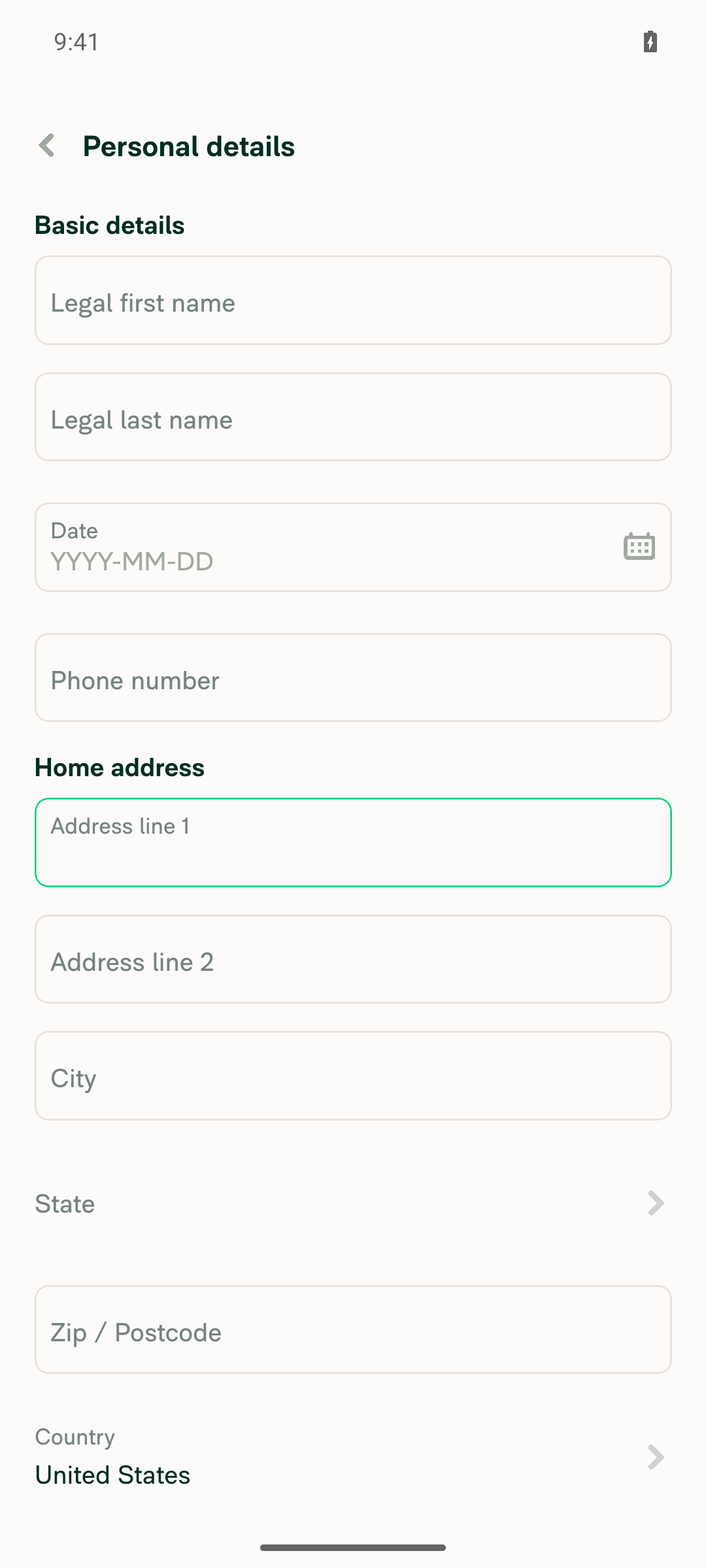 Personal details page with empty Address line 1, City, State and Zip
