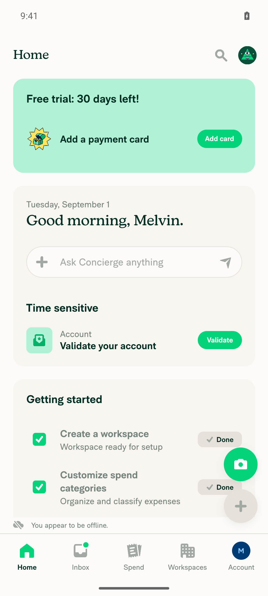 Home while offline: no loading bar under the header, offline indicator visible