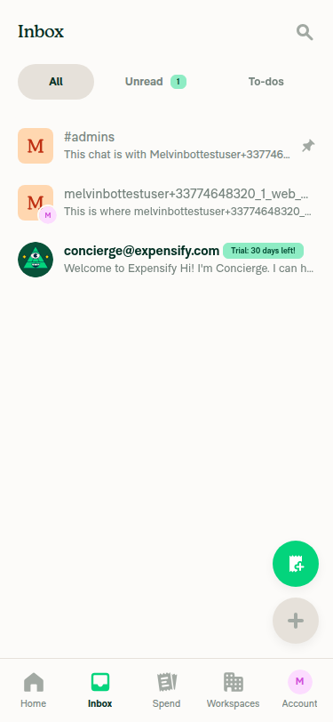 Inbox tab active with bottom tab bar visible