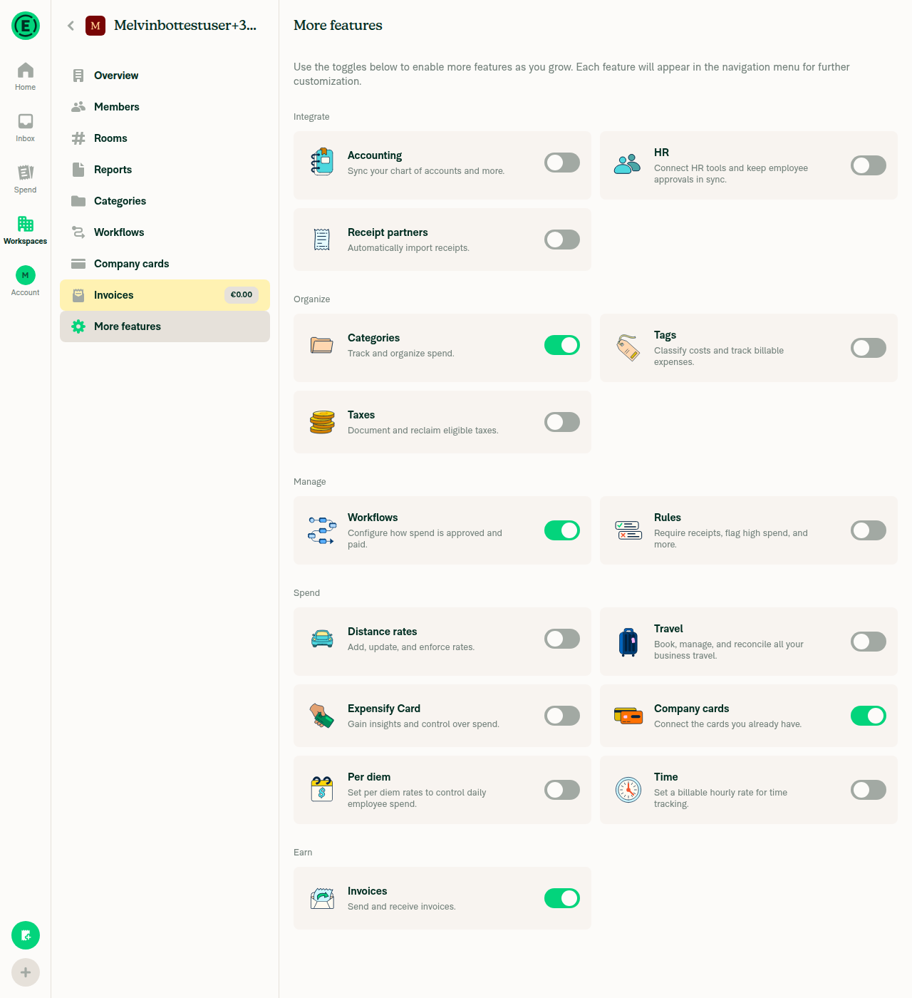 Workspace More features with Invoices toggle ON and Invoices nav item