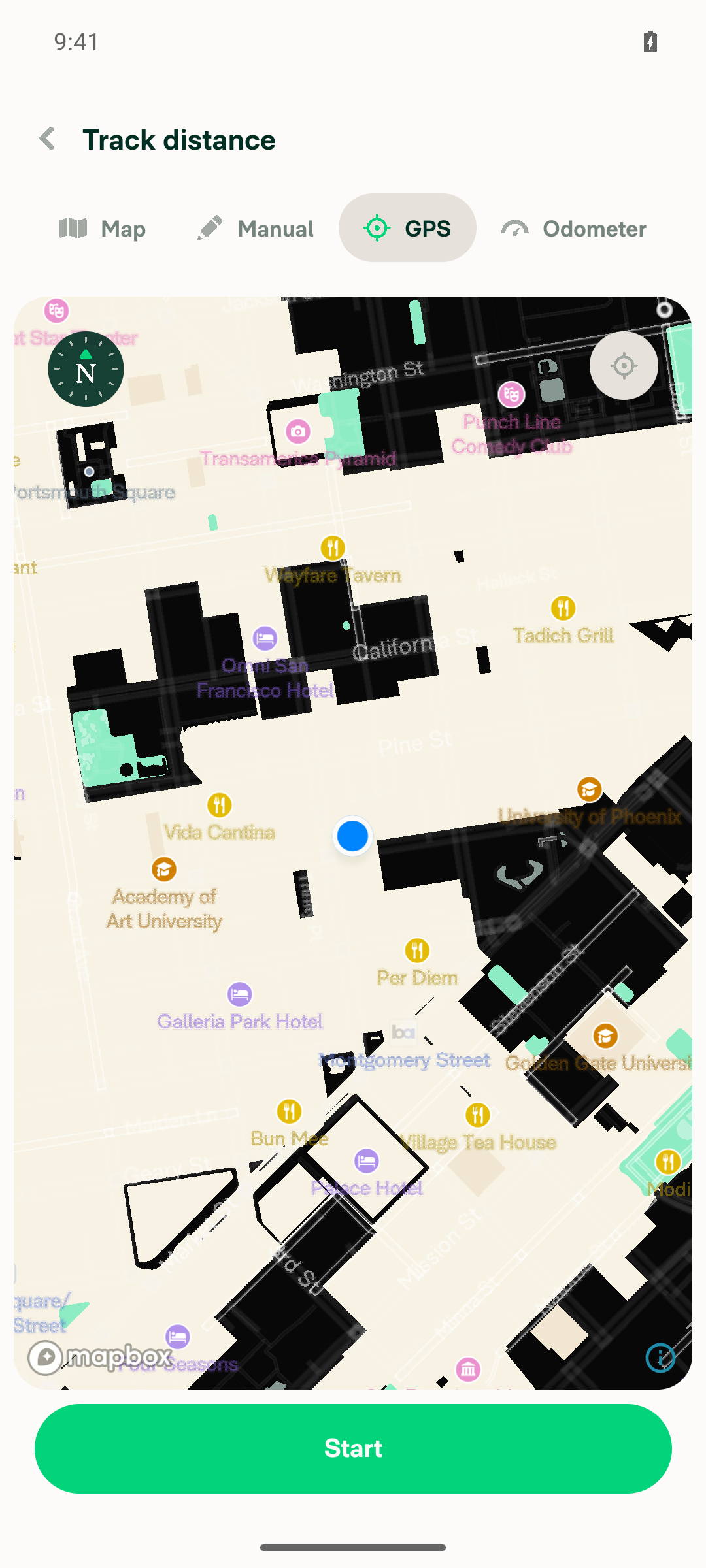 GPS tab after dismissing modal, Start button still present