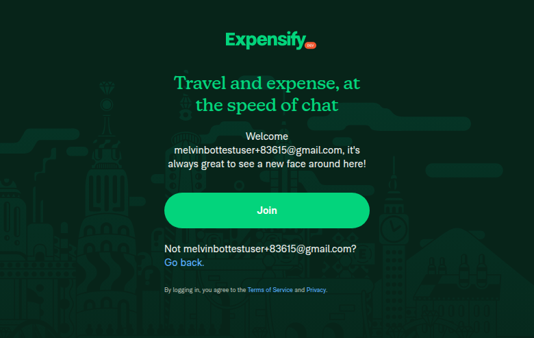 New account welcome screen with Join button