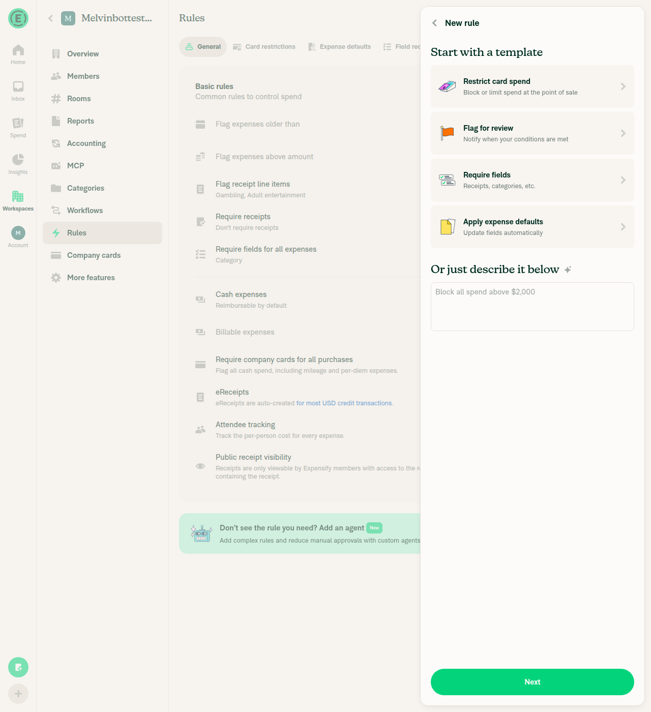 Describe section with placeholder and Next button