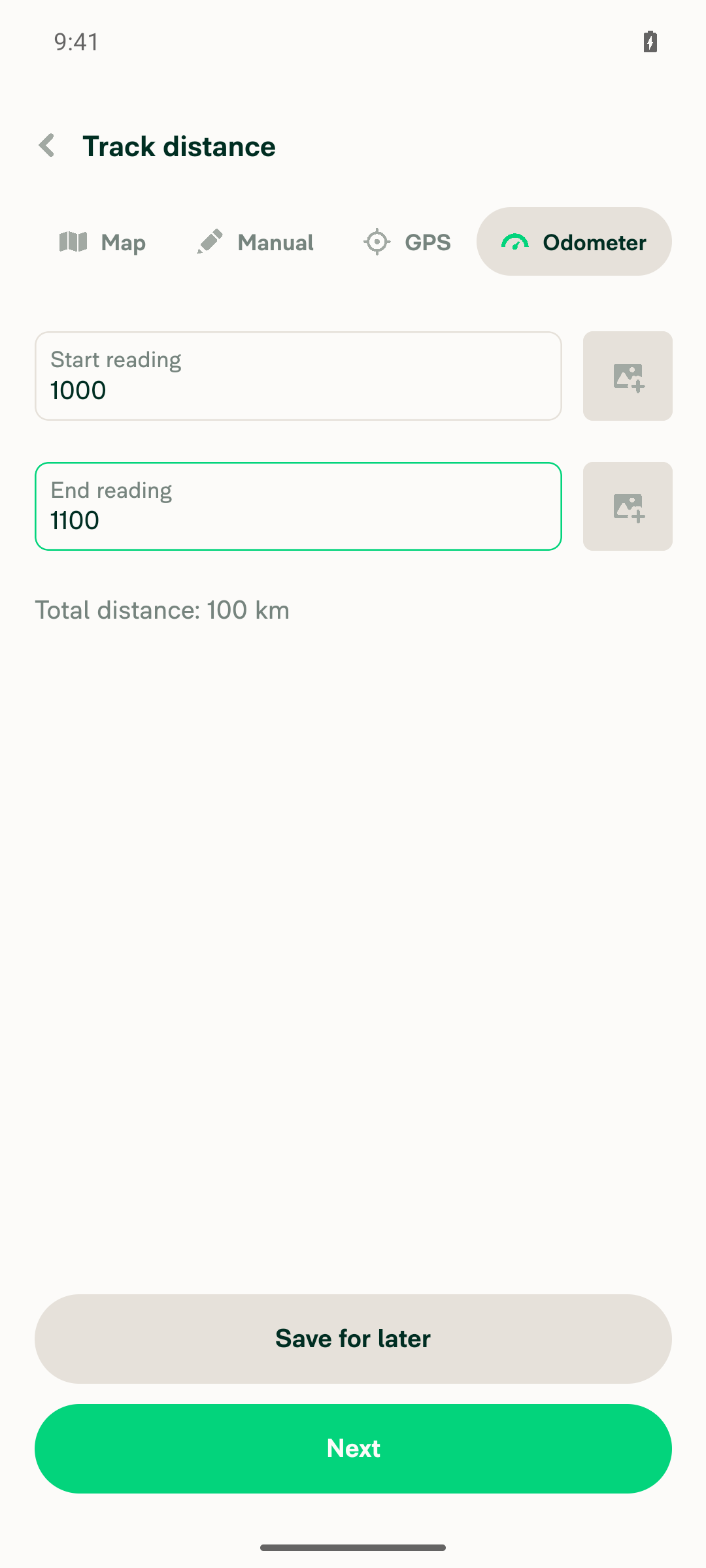 Odometer tab with start 1000, end 1100, total distance 100 km