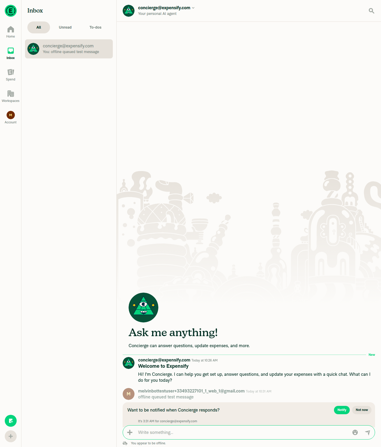 Concierge chat offline: sent message greyed out as pending, offline indicator visible