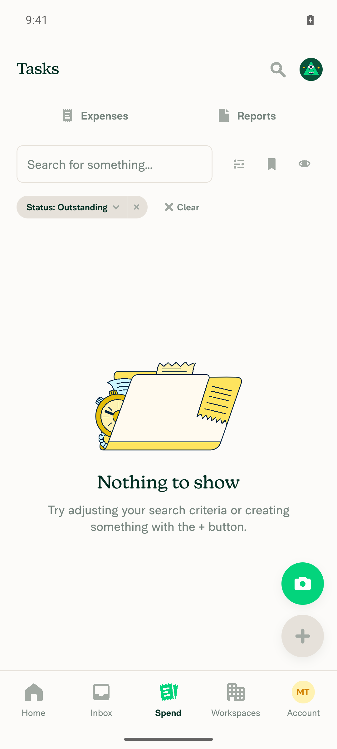 Outstanding task search showing 'Nothing to show' empty state with Status: Outstanding chip still applied