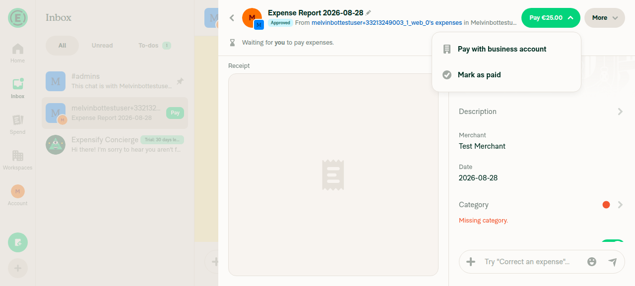 Payment method menu showing Pay with business account and Mark as paid