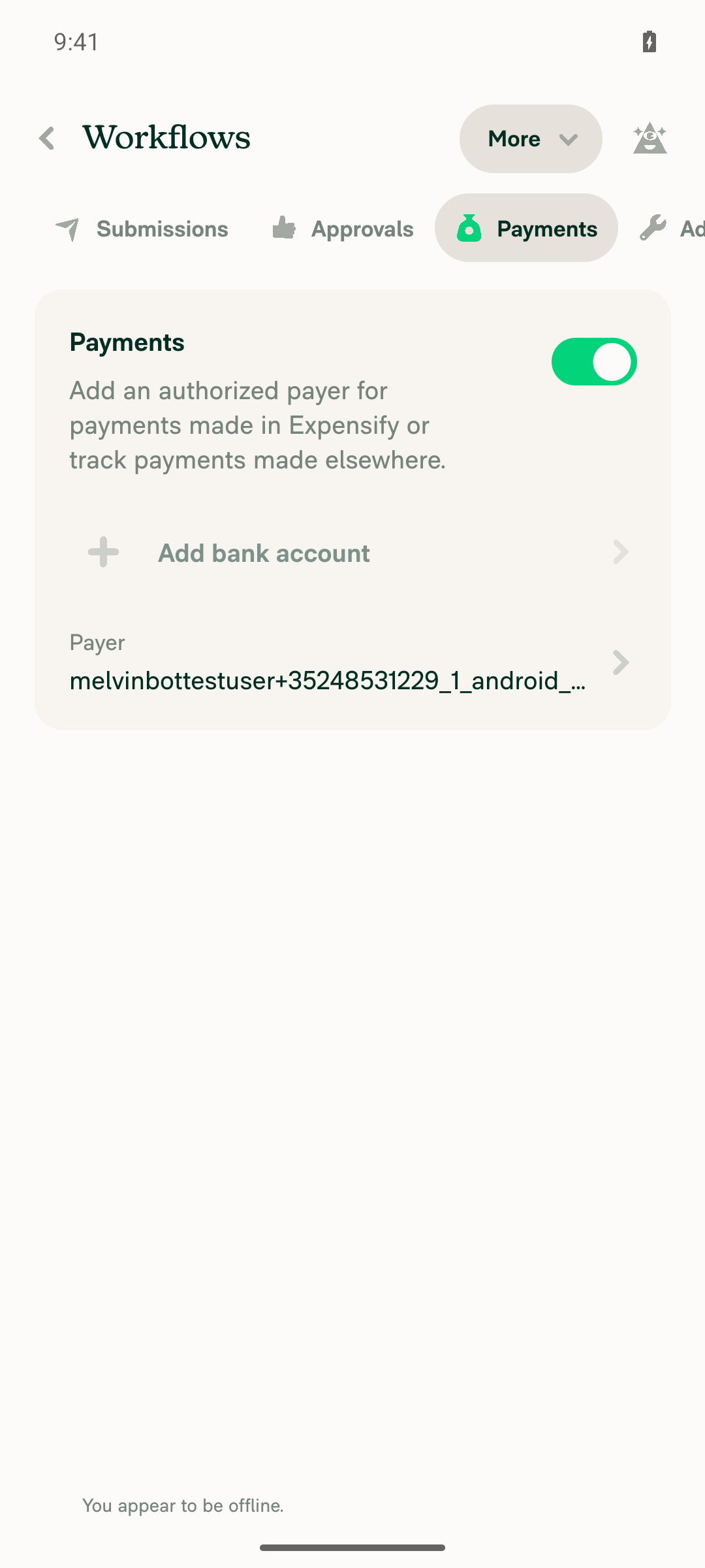 Payments tab offline - Add bank account greyed out, offline banner, no connected-account row