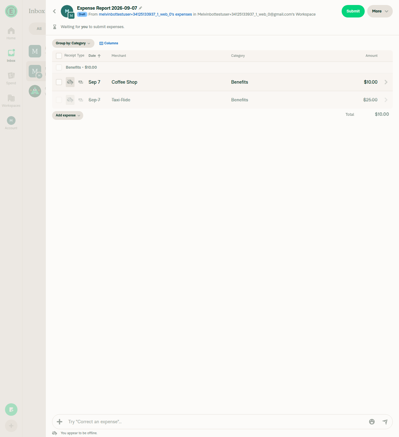 Taxi Ride expense shown struck-through as pending delete