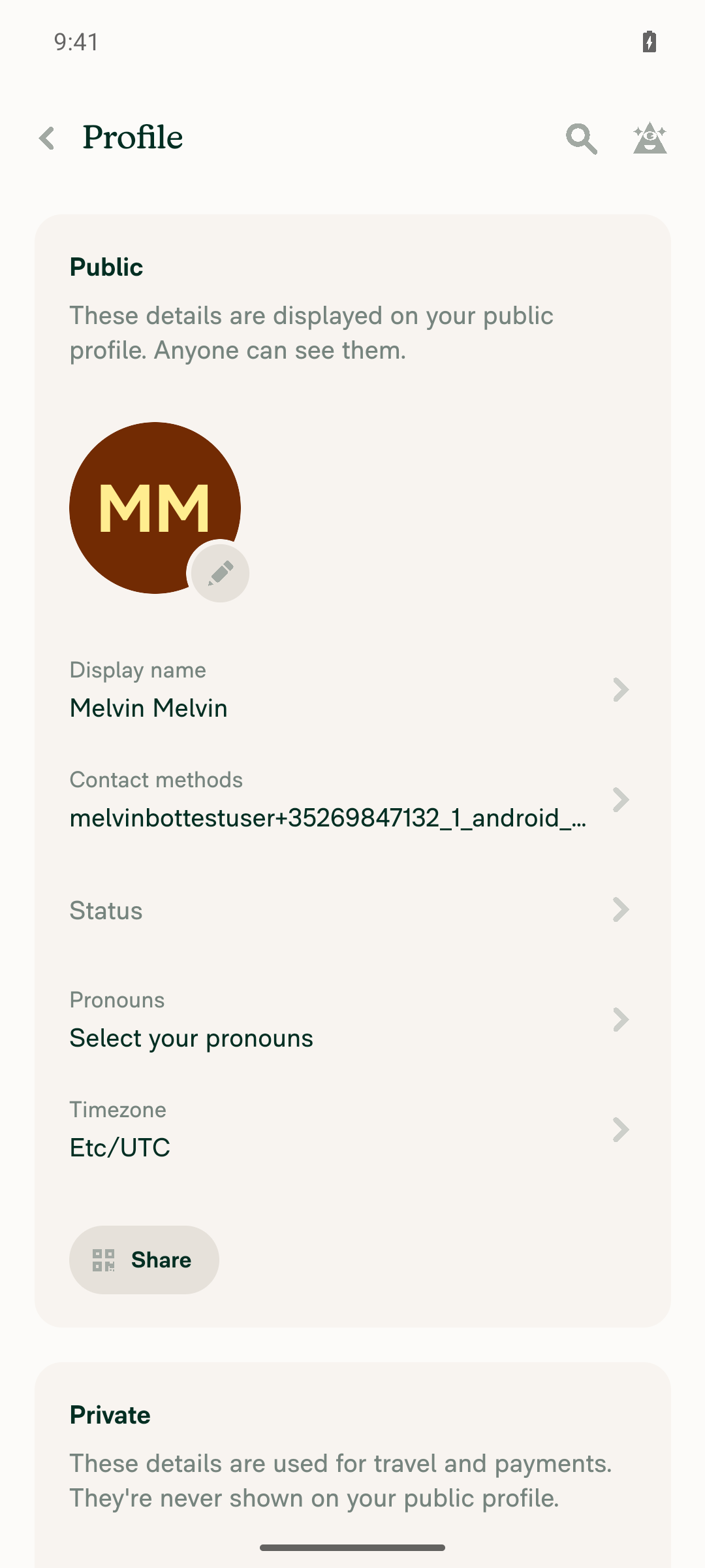 Profile settings screen