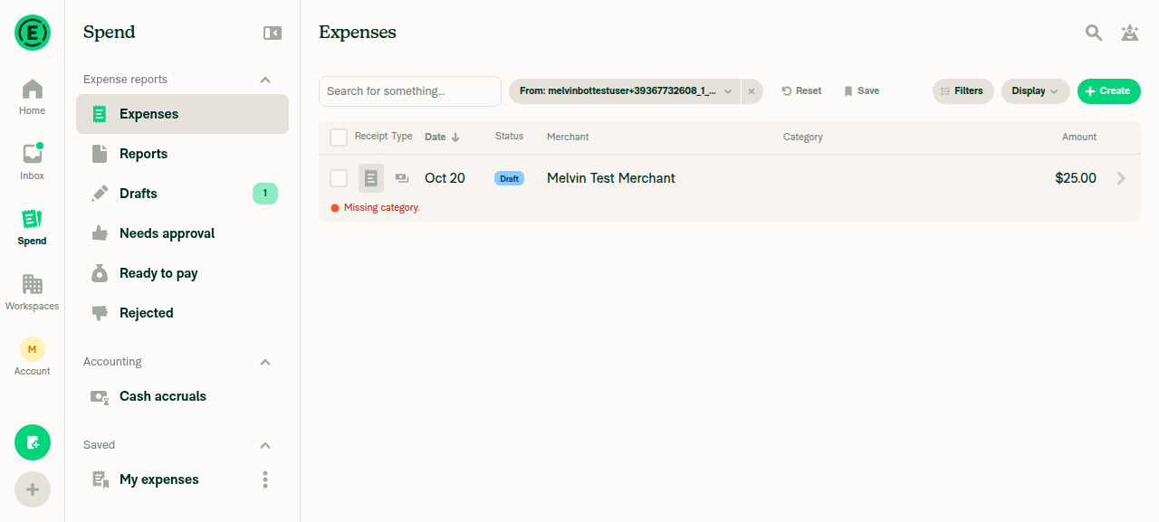 Rejected item with thumbs-down icon in Expense reports nav
