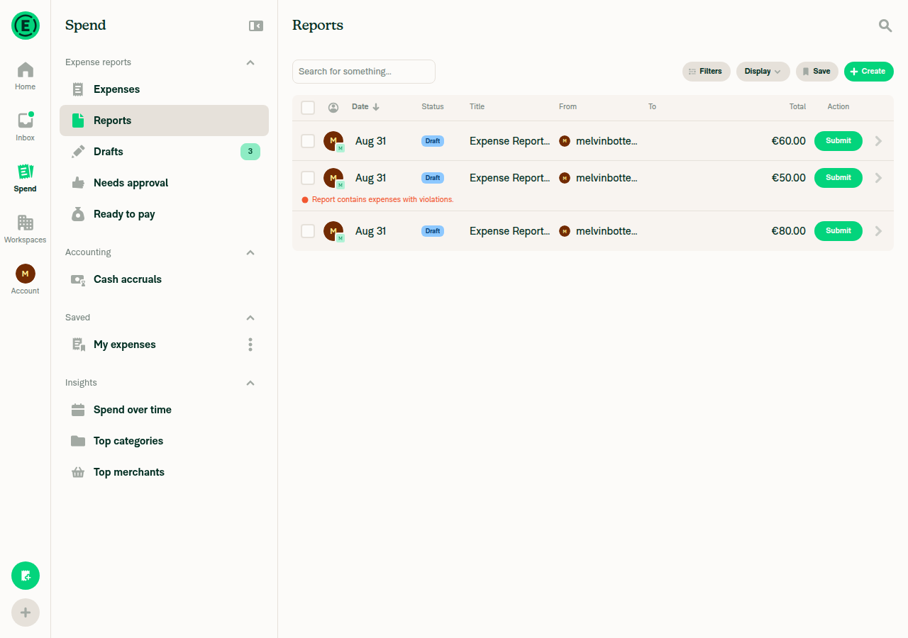 Spend > Reports wide layout showing 3 created draft reports