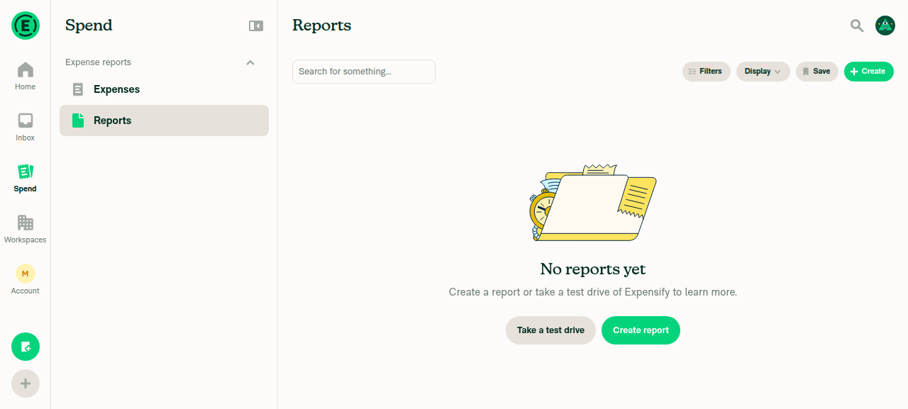 Search/Reports page showing 'No reports yet' for the test account