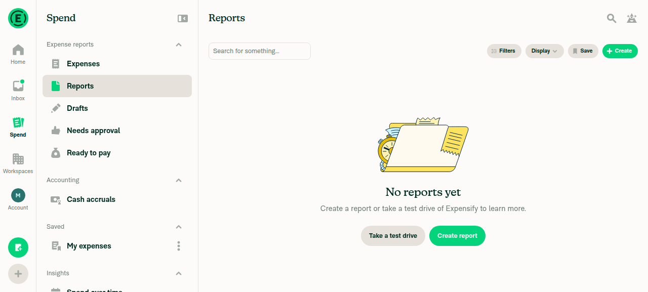 Reports tab showing normal 'No reports yet' empty state, not the Collect plan upgrade screen